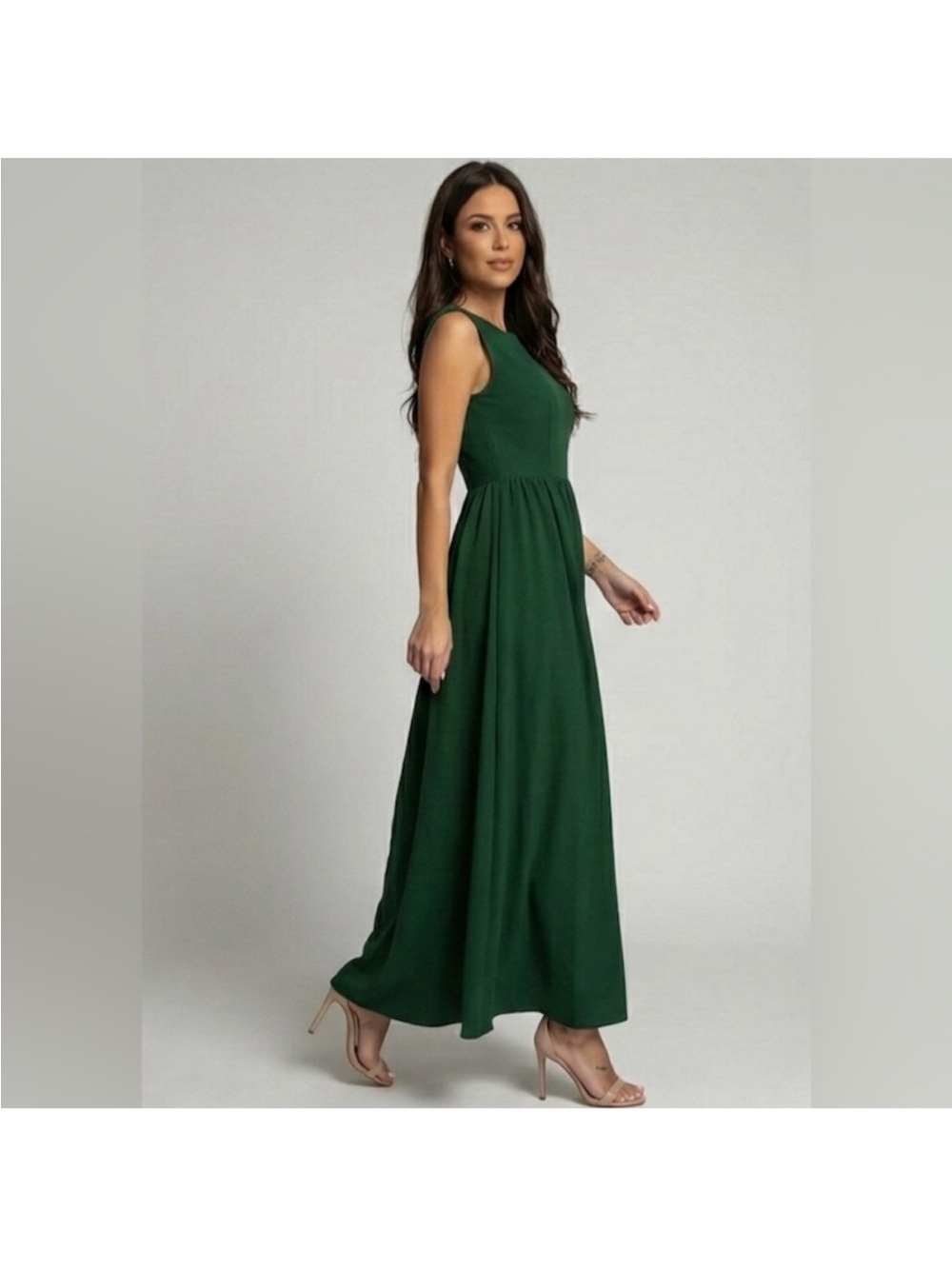 Gathered-Waist A-Line Maxi Dress With Pockets in Gorgeous Forest Green - Picture 3 of 6